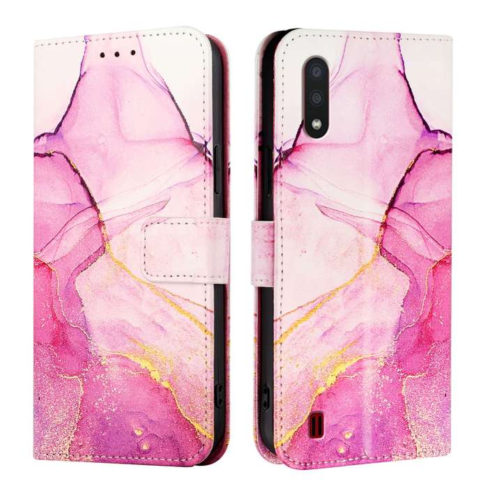 For Samsung Galaxy A01 EU PT003 Marble Pattern Flip Leather Phone Case(Pink Purple Gold)