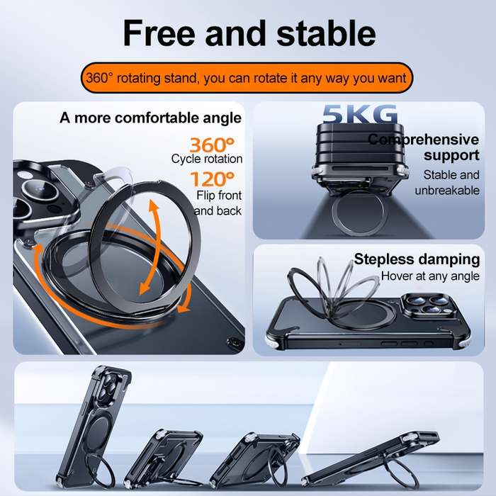 For iPhone 15 Pro Max 360 Degree Rotation MagSafe Stand Metal Phone Case(Leather Black)