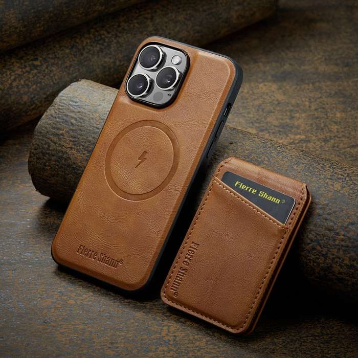 For iPhone 13 Pro Max Fierre Shann Oil Wax Cow Leather Magnetic Card Holder Phone Case(Brown)
