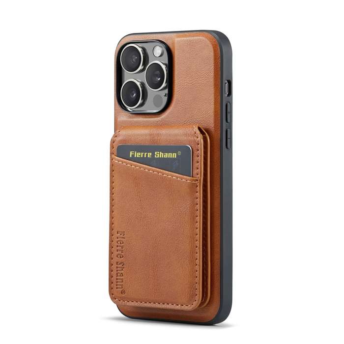 For iPhone 13 Pro Max Fierre Shann Oil Wax Cow Leather Magnetic Card Holder Phone Case(Brown)