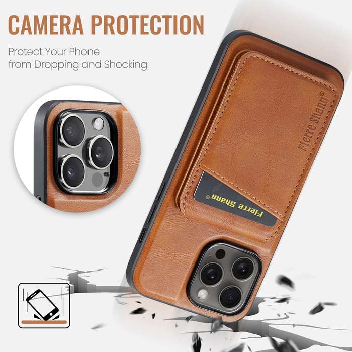 For iPhone 13 Pro Max Fierre Shann Oil Wax Cow Leather Magnetic Card Holder Phone Case(Brown)
