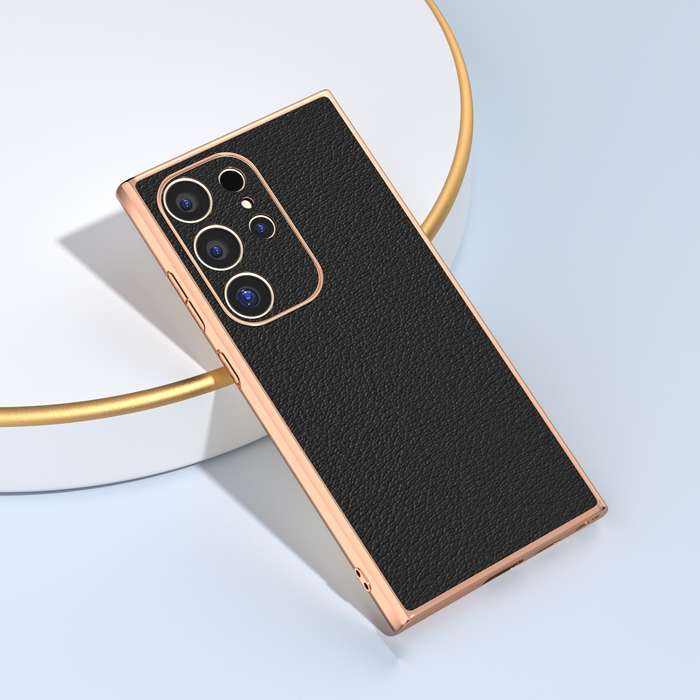 For Samsung Galaxy S24 Ultra 5G Nano Plating Genuine Leather Wave Series Phone Case(Black)