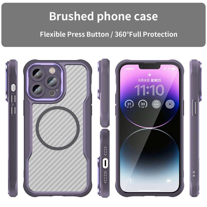 For iPhone 14 Pro Max Carbon Fiber Texture MagSafe Translucent Phone Case(Purple)