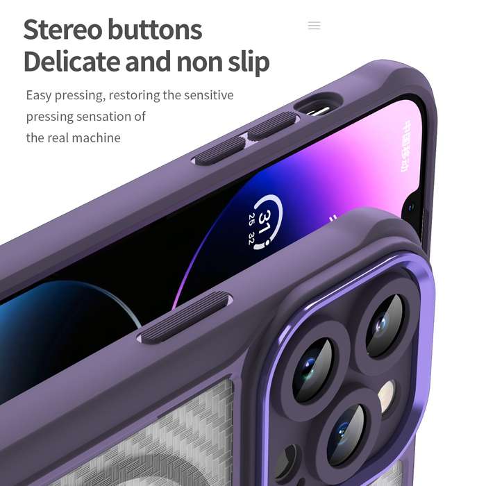 For iPhone 14 Pro Max Carbon Fiber Texture MagSafe Translucent Phone Case(Purple)