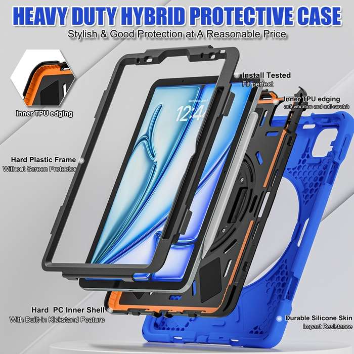 For iPad Air 11 2024 Rotatable Holder Silicone Hybrid PC Tablet Case with Shoulder Strap(Blue)