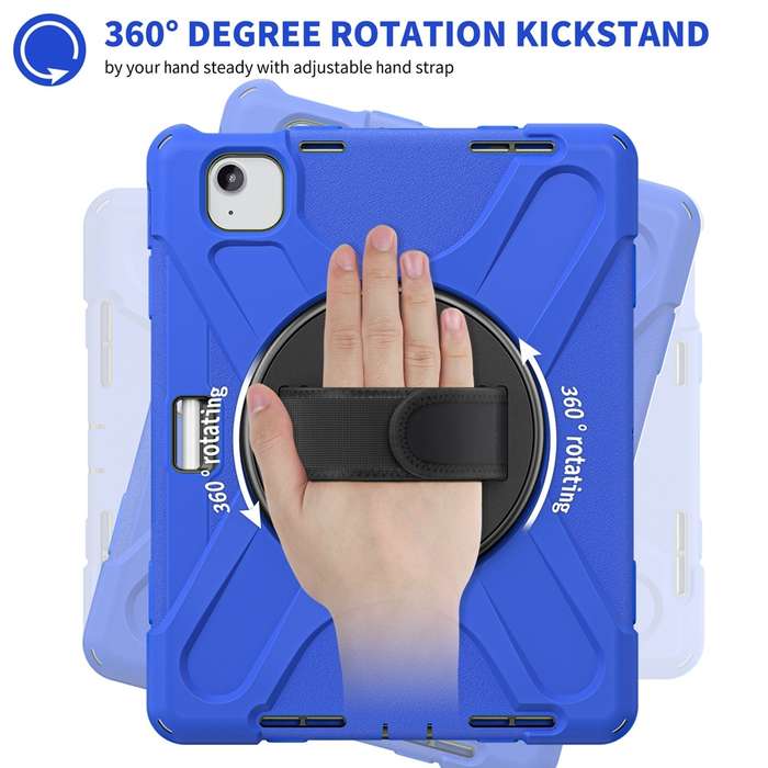 For iPad Air 11 2024 Rotatable Holder Silicone Hybrid PC Tablet Case with Shoulder Strap(Blue)
