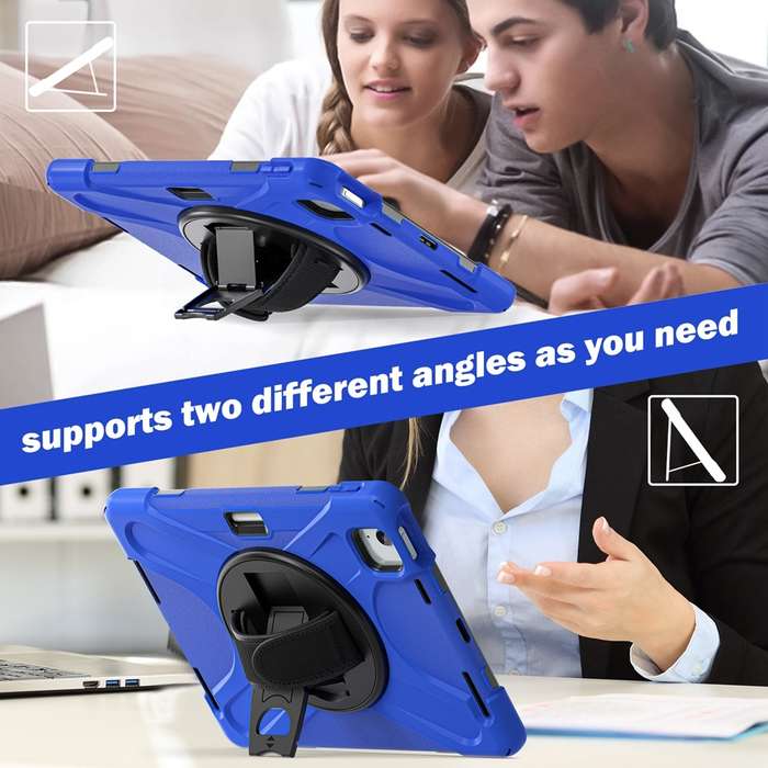 For iPad Air 11 2024 Rotatable Holder Silicone Hybrid PC Tablet Case with Shoulder Strap(Blue)