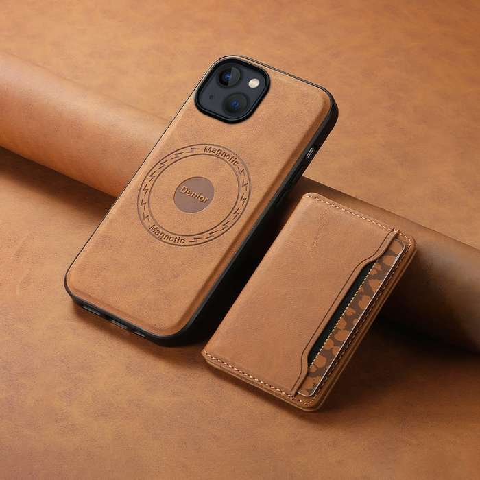 For iPhone 13 / 14 Denior D13 Retro Texture Leather MagSafe Card Bag Phone Case(Brown)