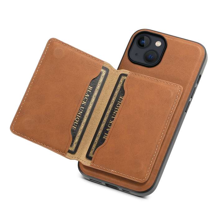 For iPhone 13 / 14 Denior D13 Retro Texture Leather MagSafe Card Bag Phone Case(Brown)