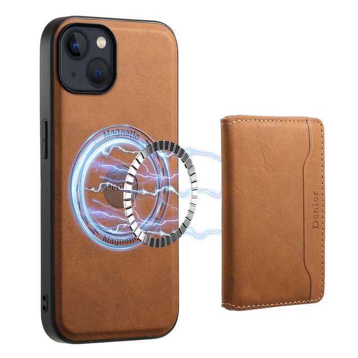 For iPhone 13 / 14 Denior D13 Retro Texture Leather MagSafe Card Bag Phone Case(Brown)