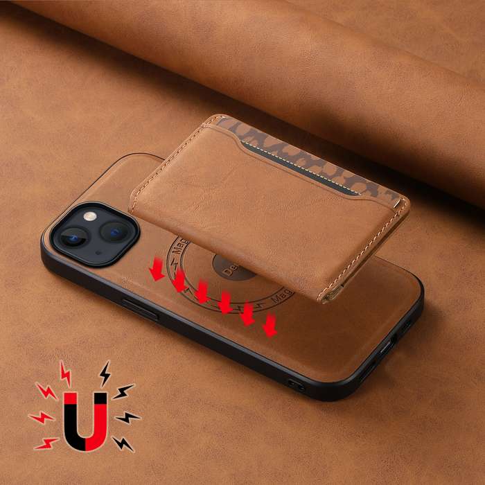 For iPhone 13 / 14 Denior D13 Retro Texture Leather MagSafe Card Bag Phone Case(Brown)