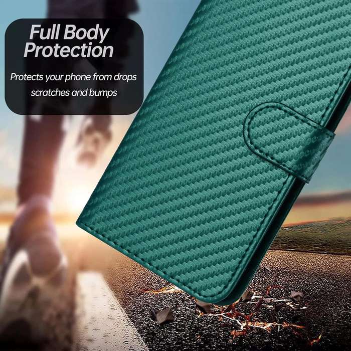 For OPPO A79 5G YX0070 Carbon Fiber Buckle Leather Phone Case with Lanyard(Dark Green)