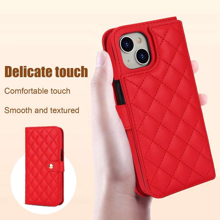 For iPhone 14 Plus Crossbody Multifunction Rhombic Leather Phone Case(Red)