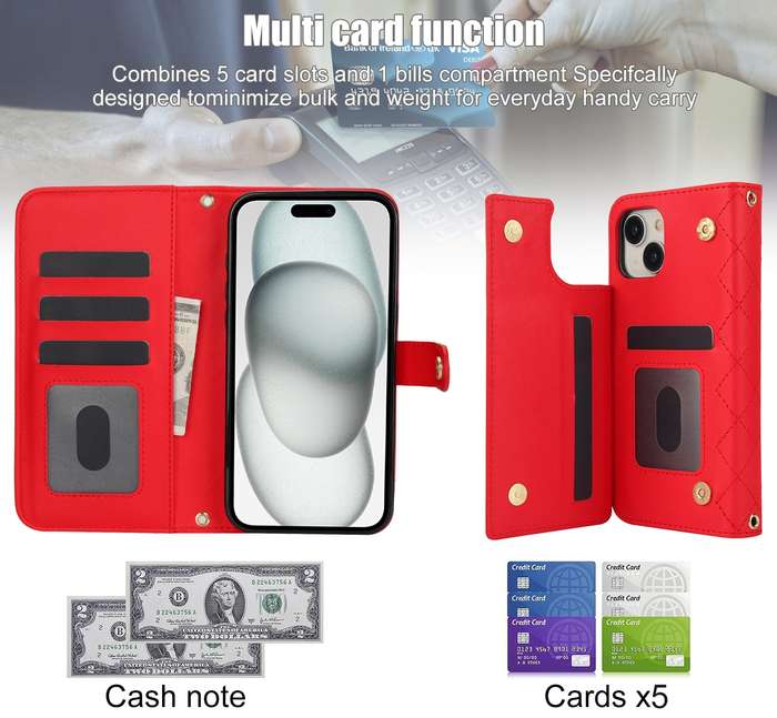 For iPhone 14 Plus Crossbody Multifunction Rhombic Leather Phone Case(Red)