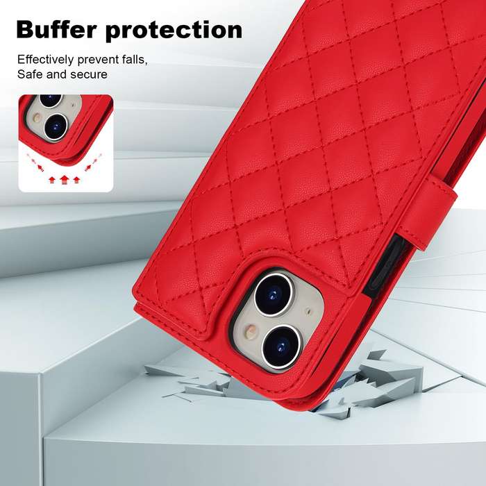 For iPhone 14 Plus Crossbody Multifunction Rhombic Leather Phone Case(Red)