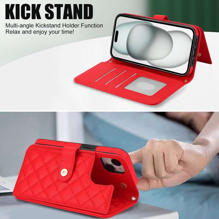For iPhone 14 Plus Crossbody Multifunction Rhombic Leather Phone Case(Red)