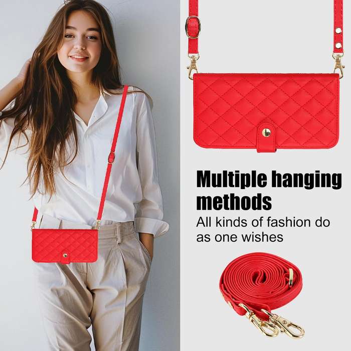 For iPhone 14 Plus Crossbody Multifunction Rhombic Leather Phone Case(Red)