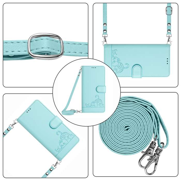 For Samsung Galaxy A11 EU Version Cat Rat Embossed Pattern RFID Leather Phone Case with Lanyard