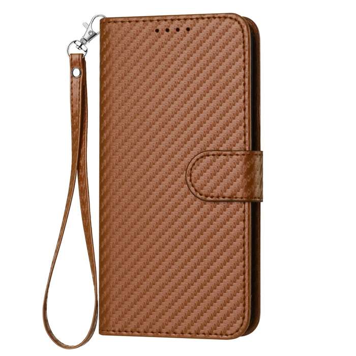 For Samsung Galaxy M54 YX0070 Carbon Fiber Buckle Leather Phone Case with Lanyard(Coffee)
