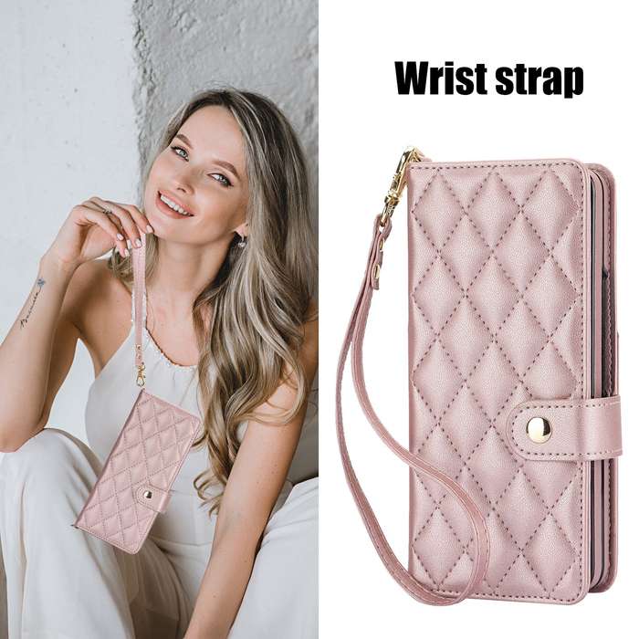 For Samsung Galaxy Z Fold3 Crossbody Multifunction Rhombic Leather Phone Case(Rose Gold)