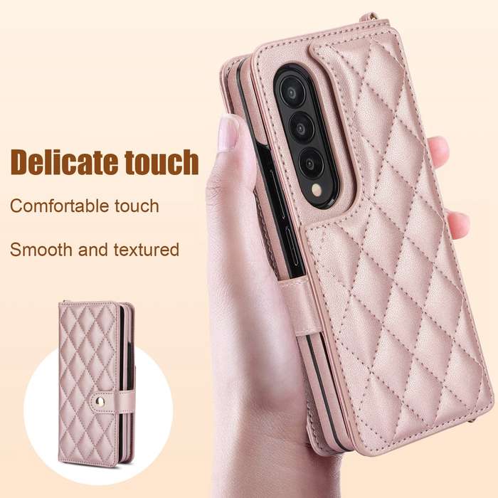 For Samsung Galaxy Z Fold3 Crossbody Multifunction Rhombic Leather Phone Case(Rose Gold)