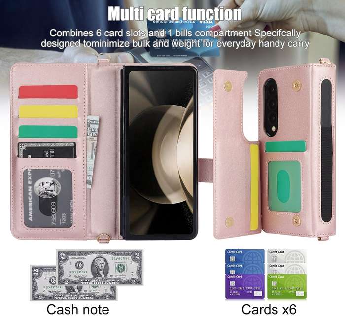 For Samsung Galaxy Z Fold3 Crossbody Multifunction Rhombic Leather Phone Case(Rose Gold)