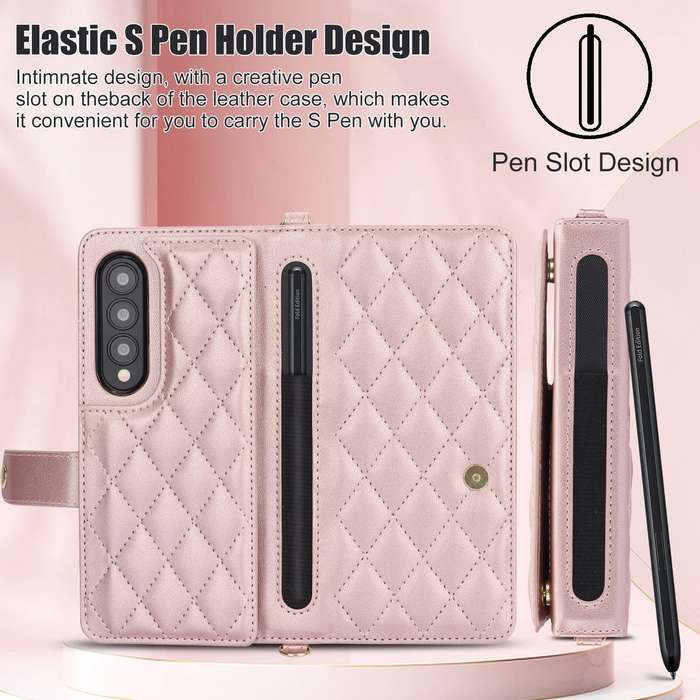 For Samsung Galaxy Z Fold3 Crossbody Multifunction Rhombic Leather Phone Case(Rose Gold)