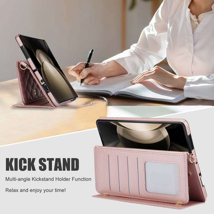 For Samsung Galaxy Z Fold3 Crossbody Multifunction Rhombic Leather Phone Case(Rose Gold)