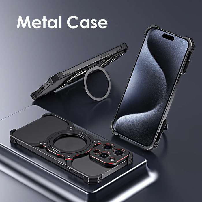 For iPhone 13 Mechanical Arm Borderless MagSafe Holder Metal Phone Case(Black Blue)