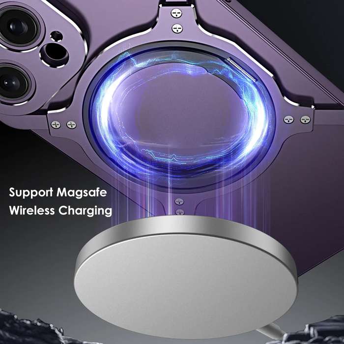 For iPhone 13 Mechanical Arm Borderless MagSafe Holder Metal Phone Case(Black Blue)
