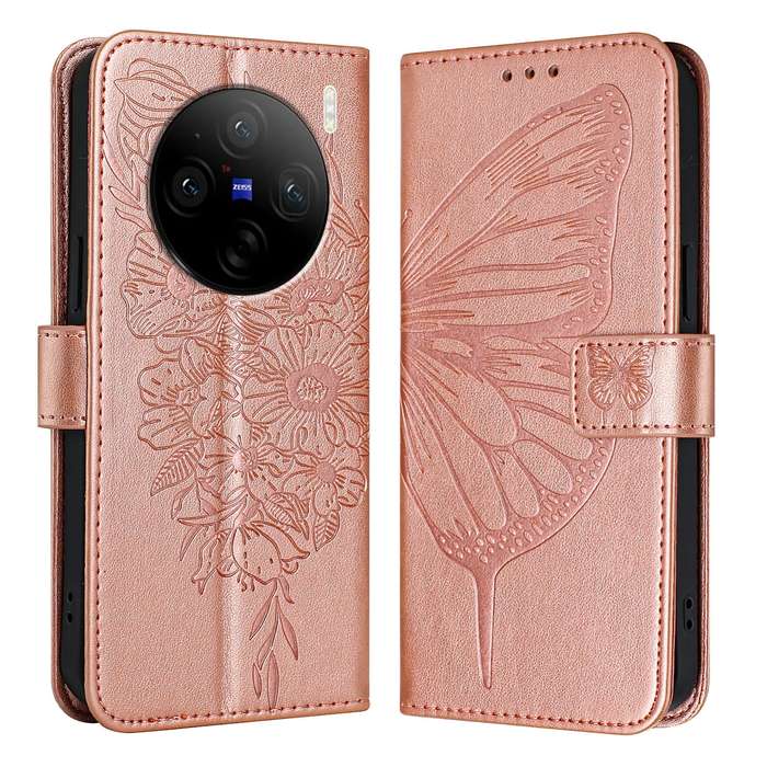 For vivo X100 Pro Embossed Butterfly Leather Phone Case(Rose Gold)