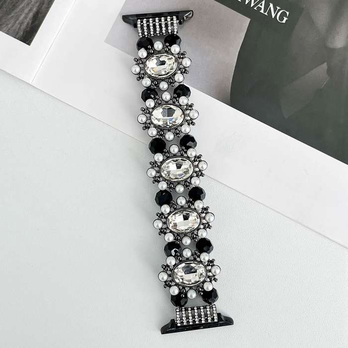 For Apple Watch Series 5 44mm Beaded Pearl Gemstone Bracelet Watch Band(Black)