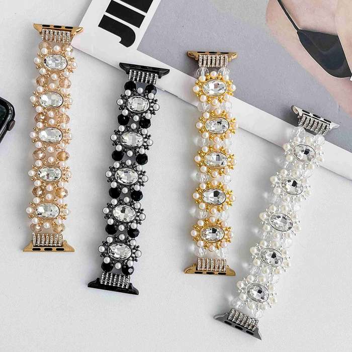 For Apple Watch Series 5 44mm Beaded Pearl Gemstone Bracelet Watch Band(Black)