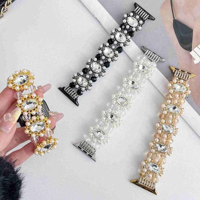 For Apple Watch Series 5 44mm Beaded Pearl Gemstone Bracelet Watch Band(Black)