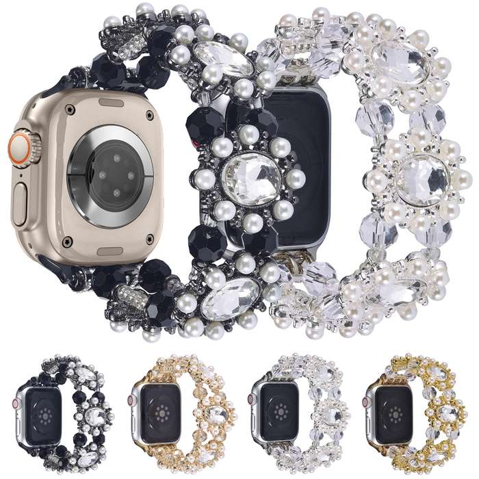 For Apple Watch Series 5 44mm Beaded Pearl Gemstone Bracelet Watch Band(Black)