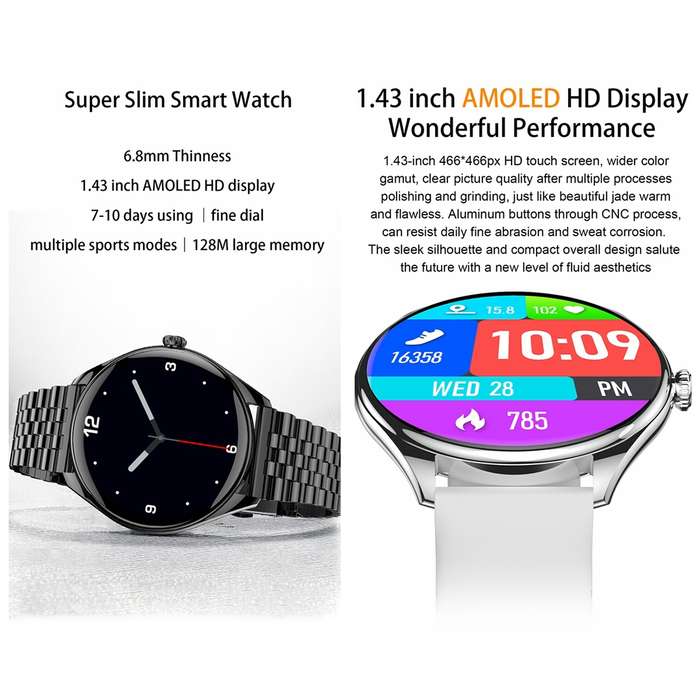 MT55 1.43 inch AMOLED HD Screen Ultra-thin Smart Call Health Watch, Leather Strap(Silver Brown)