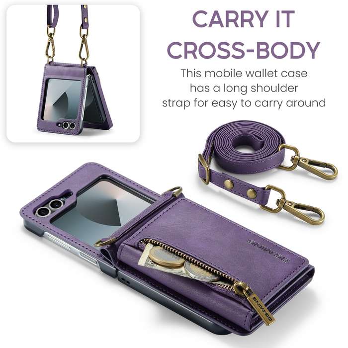 For Samsung Galaxy Z Flip6 DG.MING M5 Series Zip RFID Multi Card Detachable Leather Phone Case