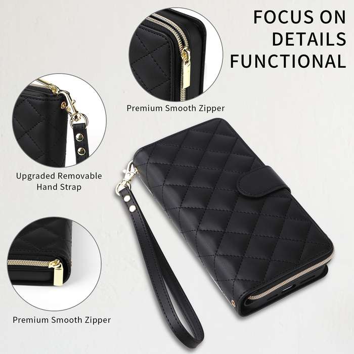 For iPhone XR Crossbody Rhombic Zipper Tower Buckle Leather Phone Case with Lanyard(Black)