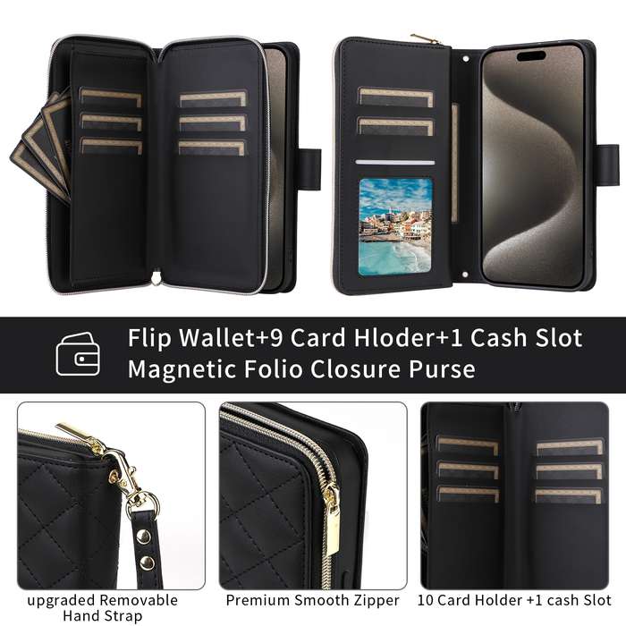 For iPhone XR Crossbody Rhombic Zipper Tower Buckle Leather Phone Case with Lanyard(Black)