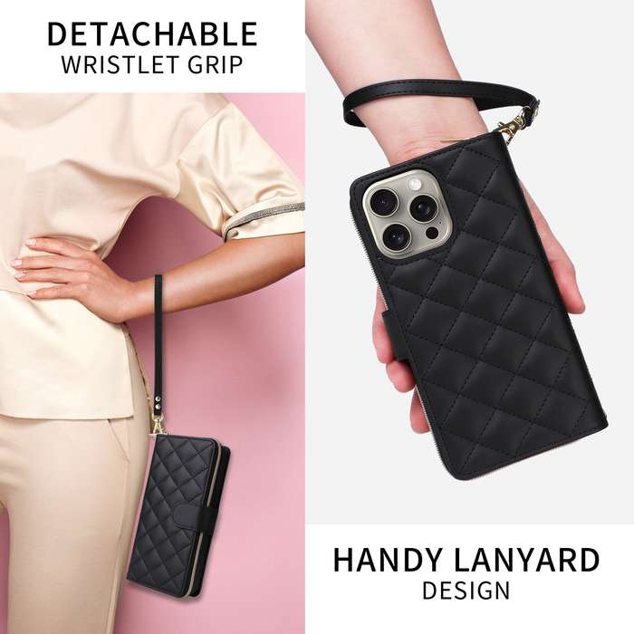 For iPhone XR Crossbody Rhombic Zipper Tower Buckle Leather Phone Case with Lanyard(Black)