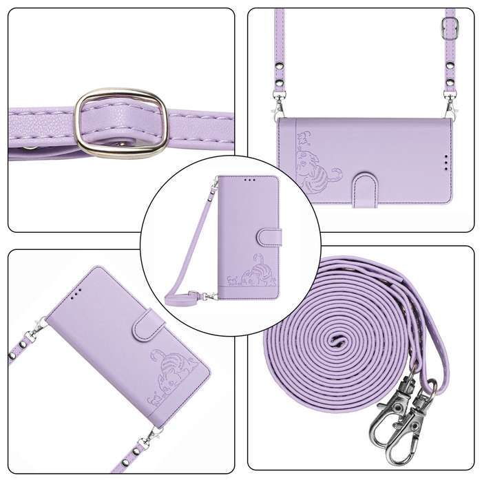 For ZTE Blade A73 4G Cat Rat Embossed Pattern RFID Leather Phone Case with Lanyard(Purple)