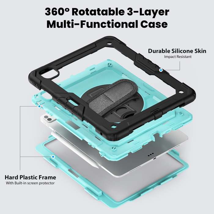For iPad Pro 13 2024 Silicone Hybrid PC Tablet Case with Shoulder Strap(Light Blue + Black)