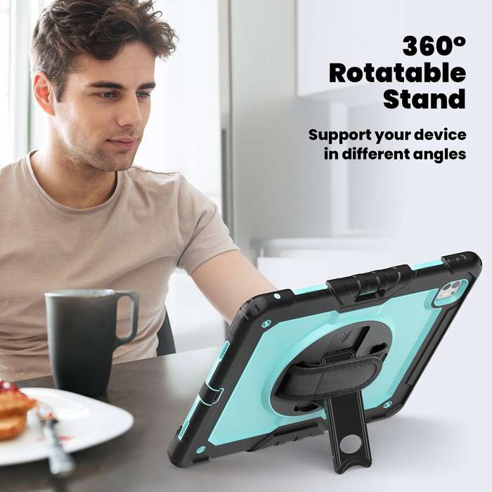 For iPad Pro 13 2024 Silicone Hybrid PC Tablet Case with Shoulder Strap(Light Blue + Black)