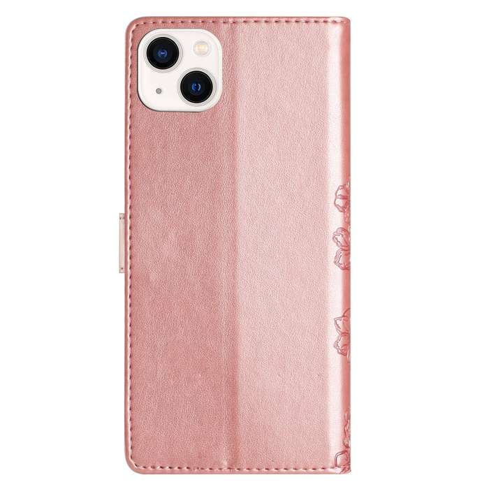 For iPhone 13 mini Cherry Blossom Butterfly Skin Feel Embossed PU Phone Case(Rose Gold)