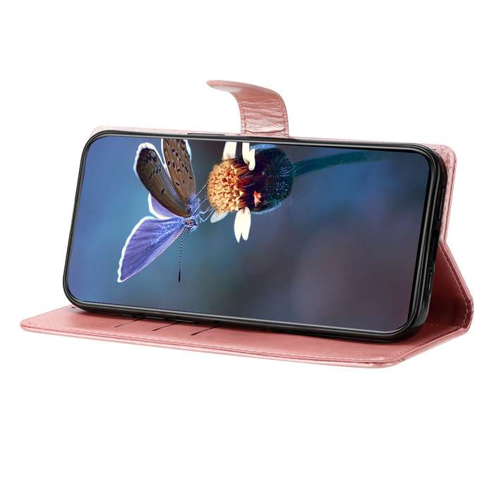 For iPhone 13 mini Cherry Blossom Butterfly Skin Feel Embossed PU Phone Case(Rose Gold)
