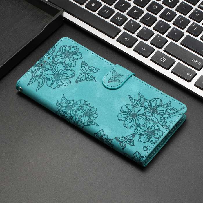 For Samsung Galaxy A25 5G Cherry Blossom Butterfly Skin Feel Embossed PU Phone Case(Green)