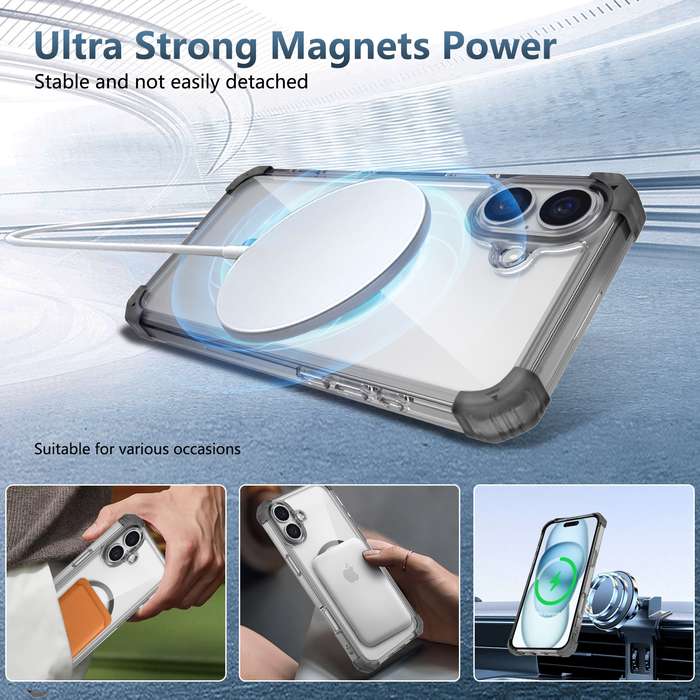 For iPhone 16 Transparent MagSafe Magnetic Phone Case(Black)