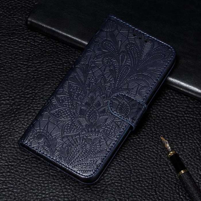 For Motorola Moto G Play 2024 Lace Flower Embossing Flip Leather Phone Case(Dark Blue)