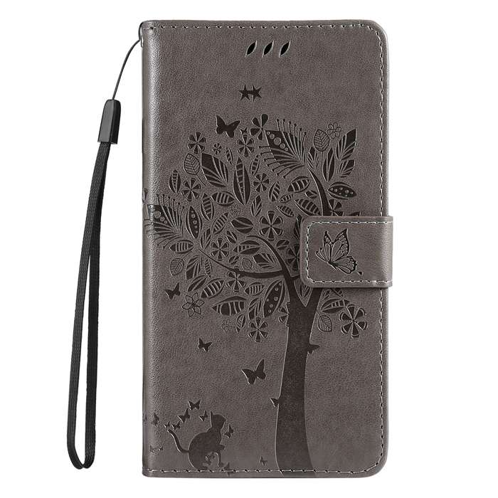 For Motorola Edge 50 Pro Tree & Cat Embossed Pattern Flip Leather Phone Case(Grey)