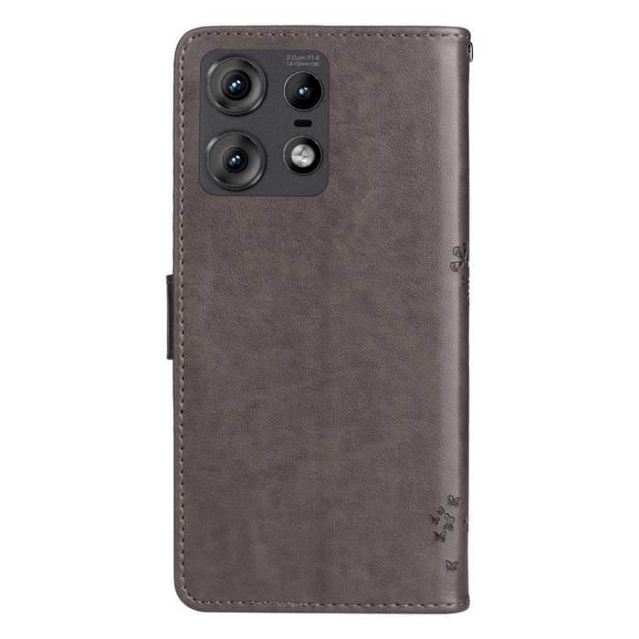 For Motorola Edge 50 Pro Tree & Cat Embossed Pattern Flip Leather Phone Case(Grey)